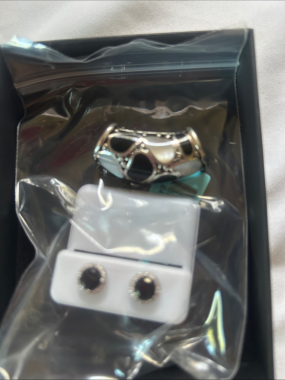 Silver-Tone Black Stud Earrings and Matching Ring Set.